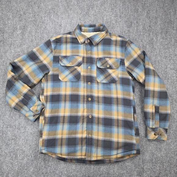 CQR Shirt Jacket Mens Small Blue Yellow Plaid Sherpa Lined Flannel Heavyweight - Picture 2 of 16